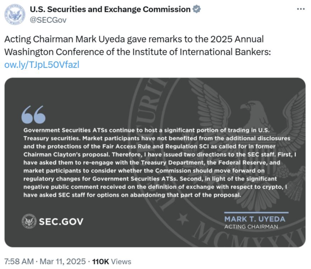 پست حساب رسمی SEC در پلتفرم X - منبع: US Securities and Exchange Commission